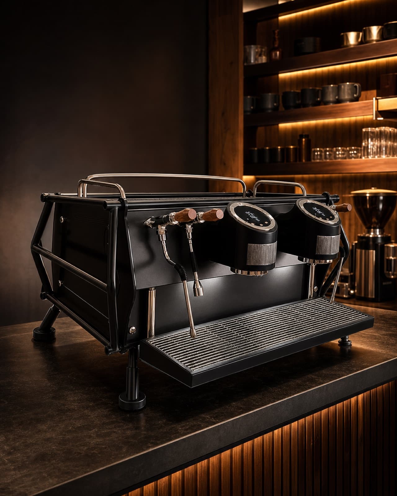 Black BRWMSTR Race 2 commercial espresso machine on a café counter